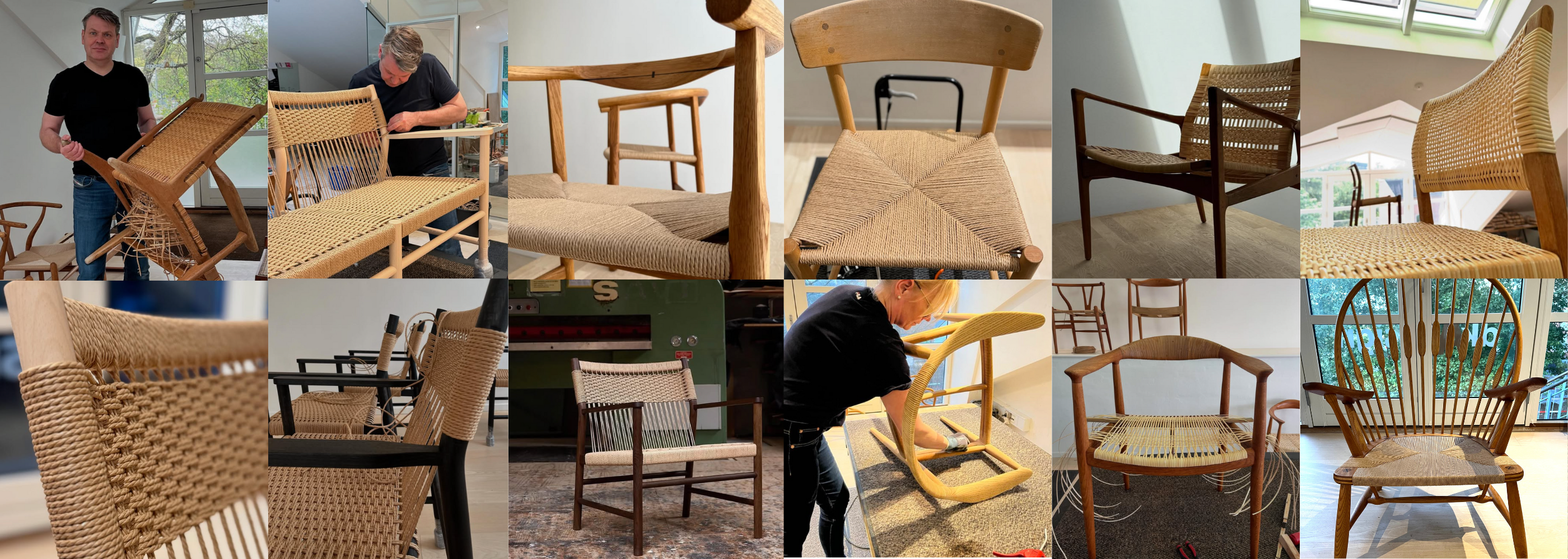Kollage med forskellige stole i flet og træ, herunder designere i arbejde, detaljer af omfletning og færdige møbler