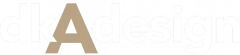 DKA Design logo med hvid og lysebrun typografi på sort baggrund